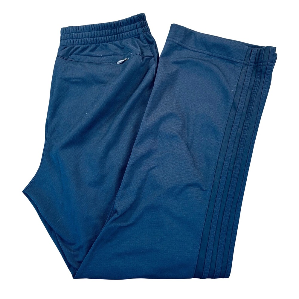 Adidas Mens L Navy Blue Track Pants 3-Stripe Neon Accents Drawstring Performance